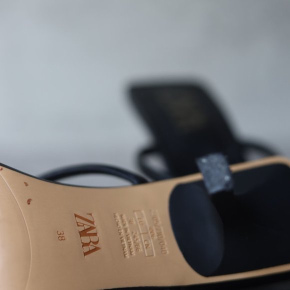 Zara 38 Heeled Leather Square Toe Sandals Black - Picture 4 of 5